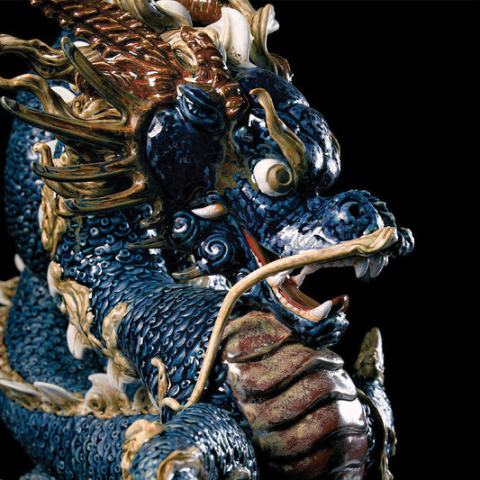 Enamelling On Porcelain Sculptures The Origin Story and How Its Made - 01001935 Lladro Great Dragon Sculpture Limited Edition Blue Enamel - Left