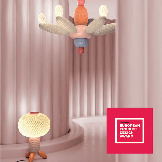 Soft Blown Collection Wins European Product Design Award 2023 - 01024293 + 01024305 Lladro Airbloom Table Lamp PInk + Afloat Chandelier Pink - EPDA 2023 Banner