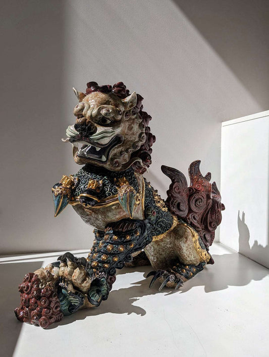 Lladró Guardian Lion and Lioness Sculpture Set. Red. Limited Edition by Lladró at FormFluent