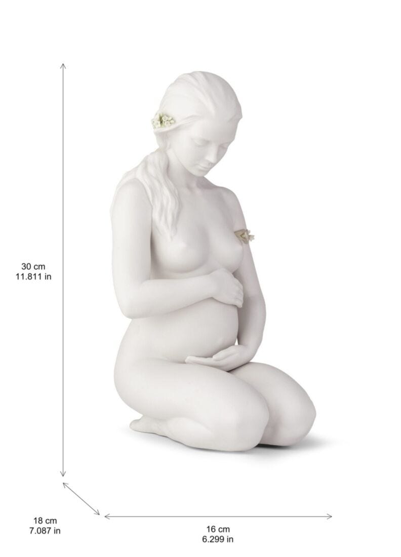 White kneeling pregnant woman figurine with dimension markers showing 30 cm height, 18 cm width, and 16 cm depth on a white background.