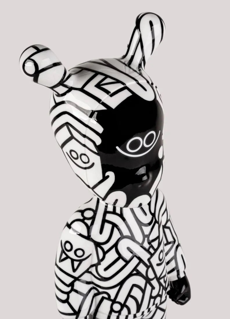 Black and white abstract art of a figure with geometric patterns on a light gray background