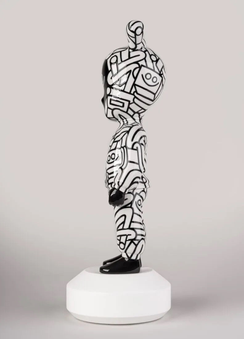 Black and white Guest sculpture on a gray background