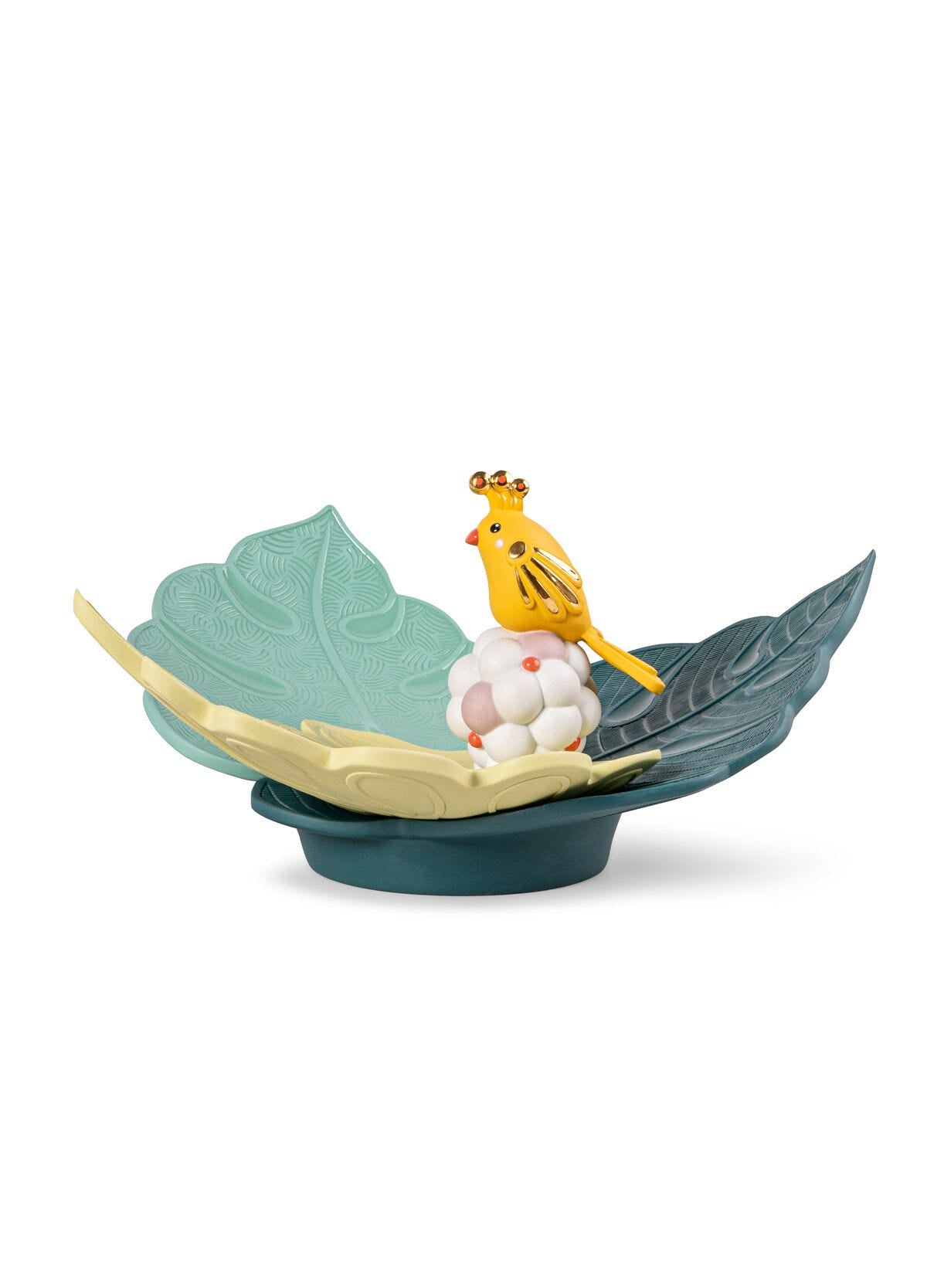 Lladró Utopical Centrepiece with etched porcelain leaves and a charming bird, perfect for home decor.