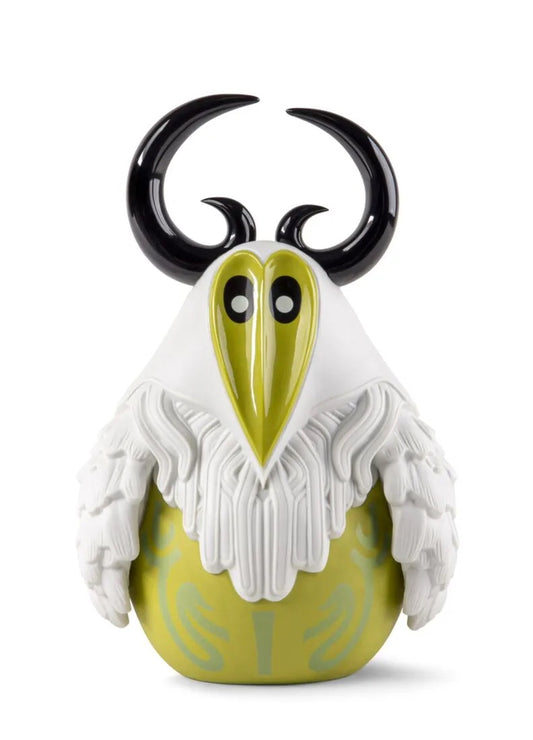 Yokai - Tengu figure with black horns, white face, and green body on a white background