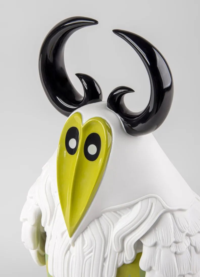 White creature with black horns and a yellow beak on a gray background