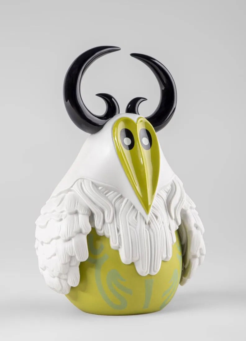 Yokai - Tengu with a white face, black horns, and green body on a gray background