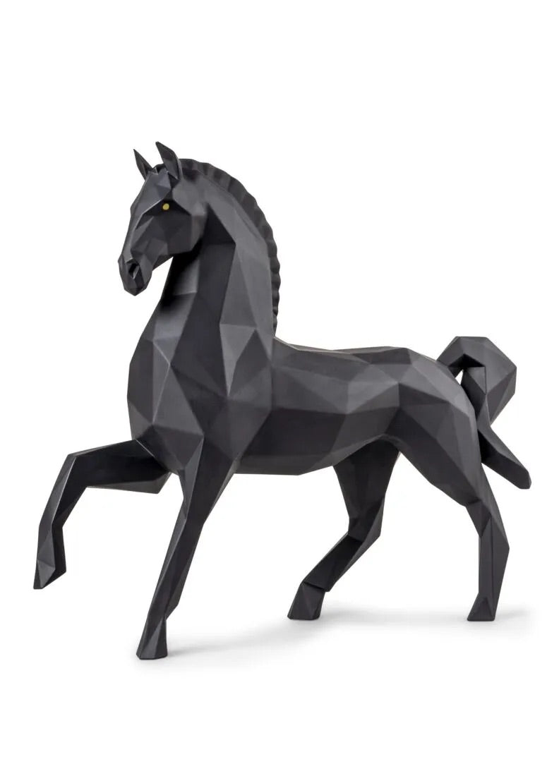 Black geometric horse sculpture on a white background