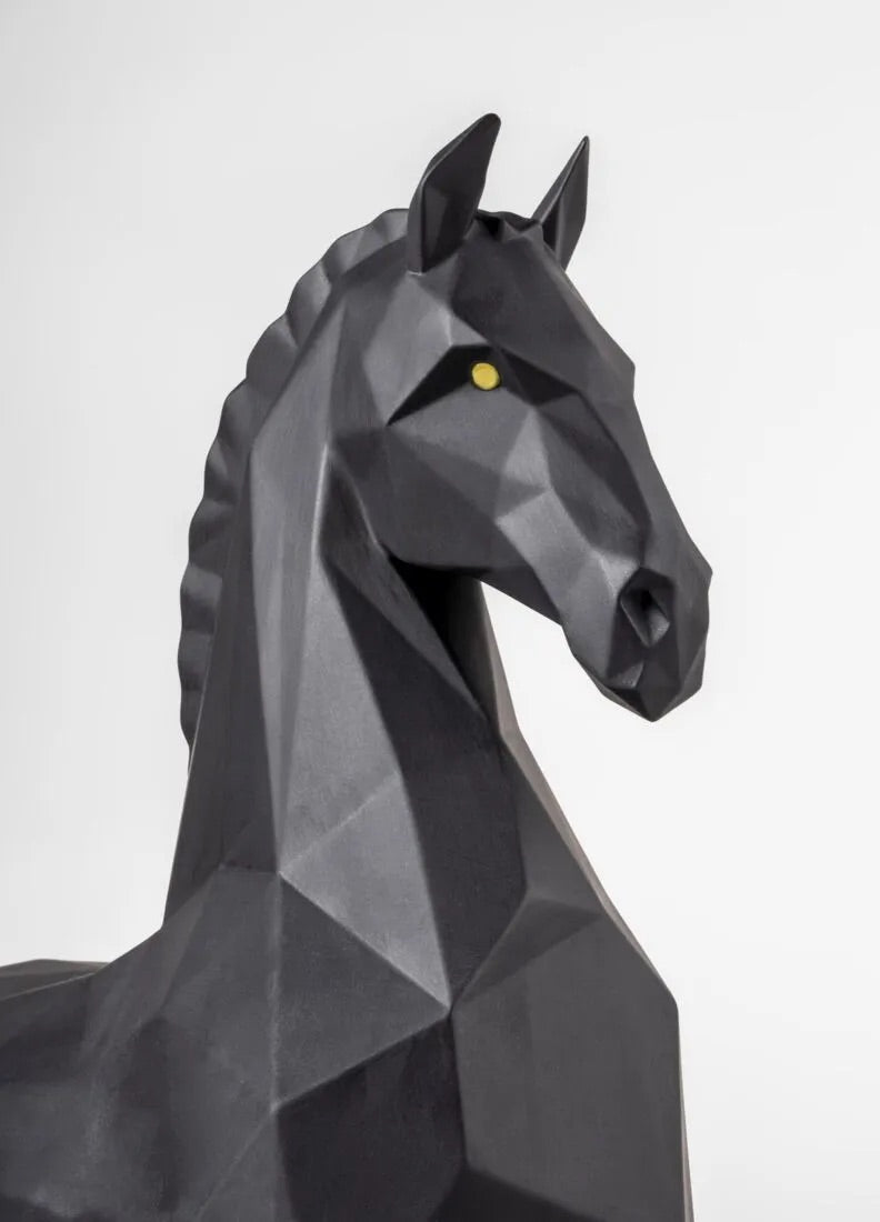 Geometric horse sculpture on a plain background
