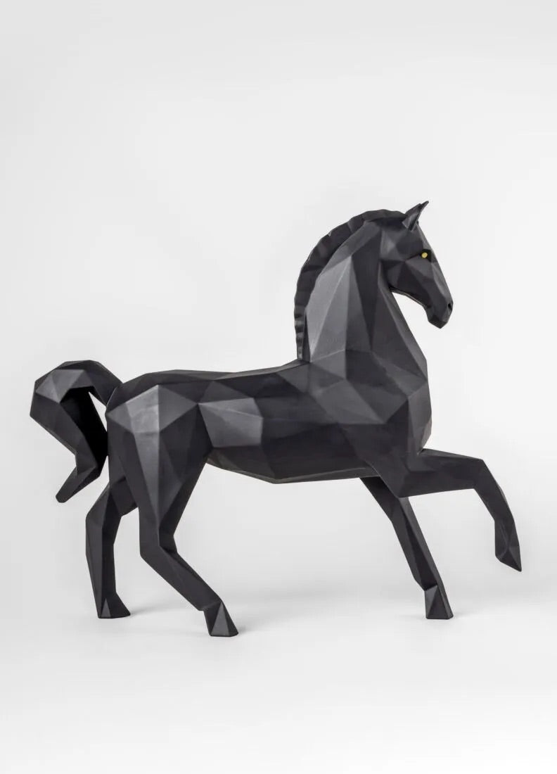 Black geometric horse sculpture on a white background