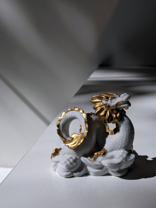 Lladró The Dragon Sculpture in Golden Lustre and White FormFluent