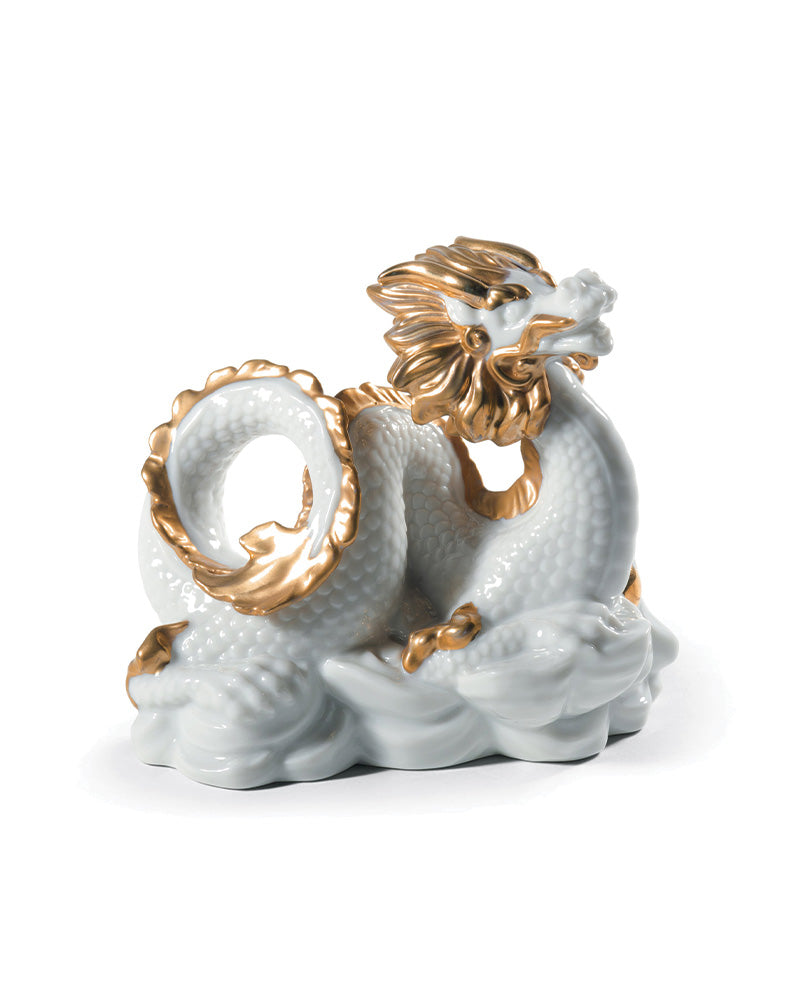 Lladró The Dragon Sculpture in Golden Lustre and White FormFluent