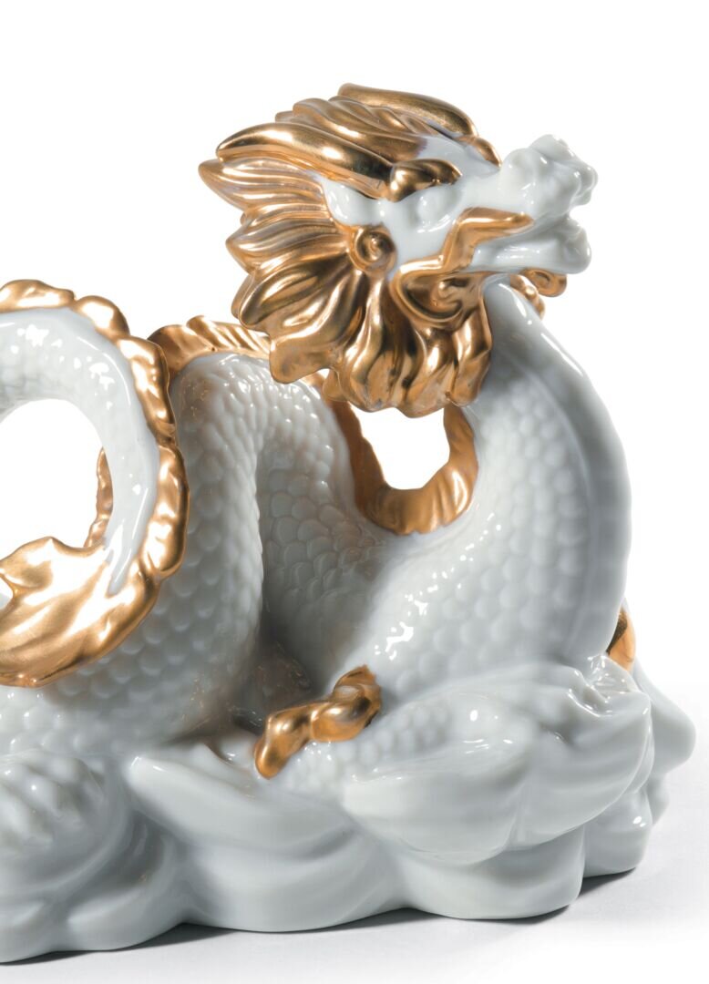 Lladró The Dragon Sculpture in Golden Lustre and White FormFluent