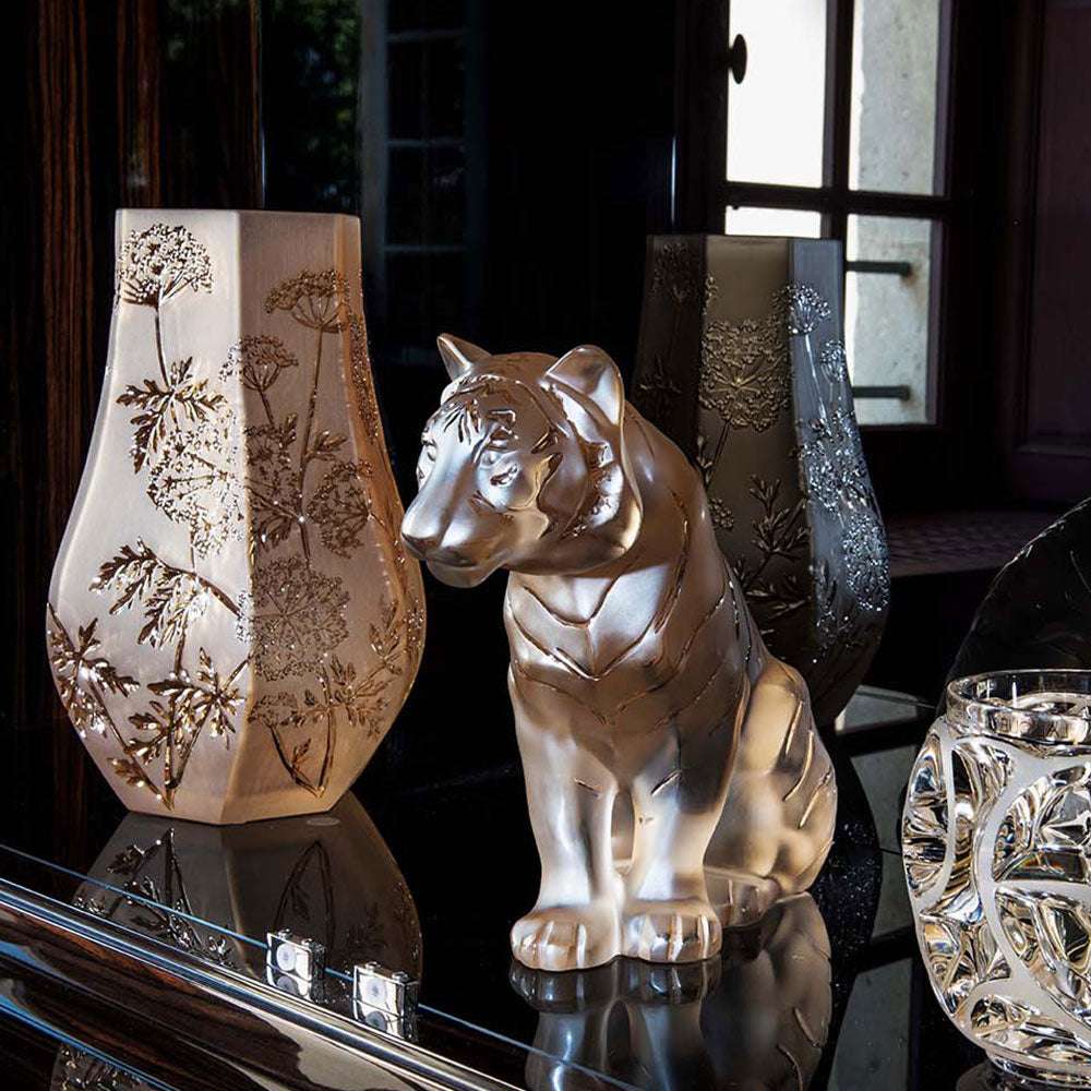 Lalique Sitting Tiger Large Sculpture Gold Lustre Crystal Sculpture by Lalique at FormFluent