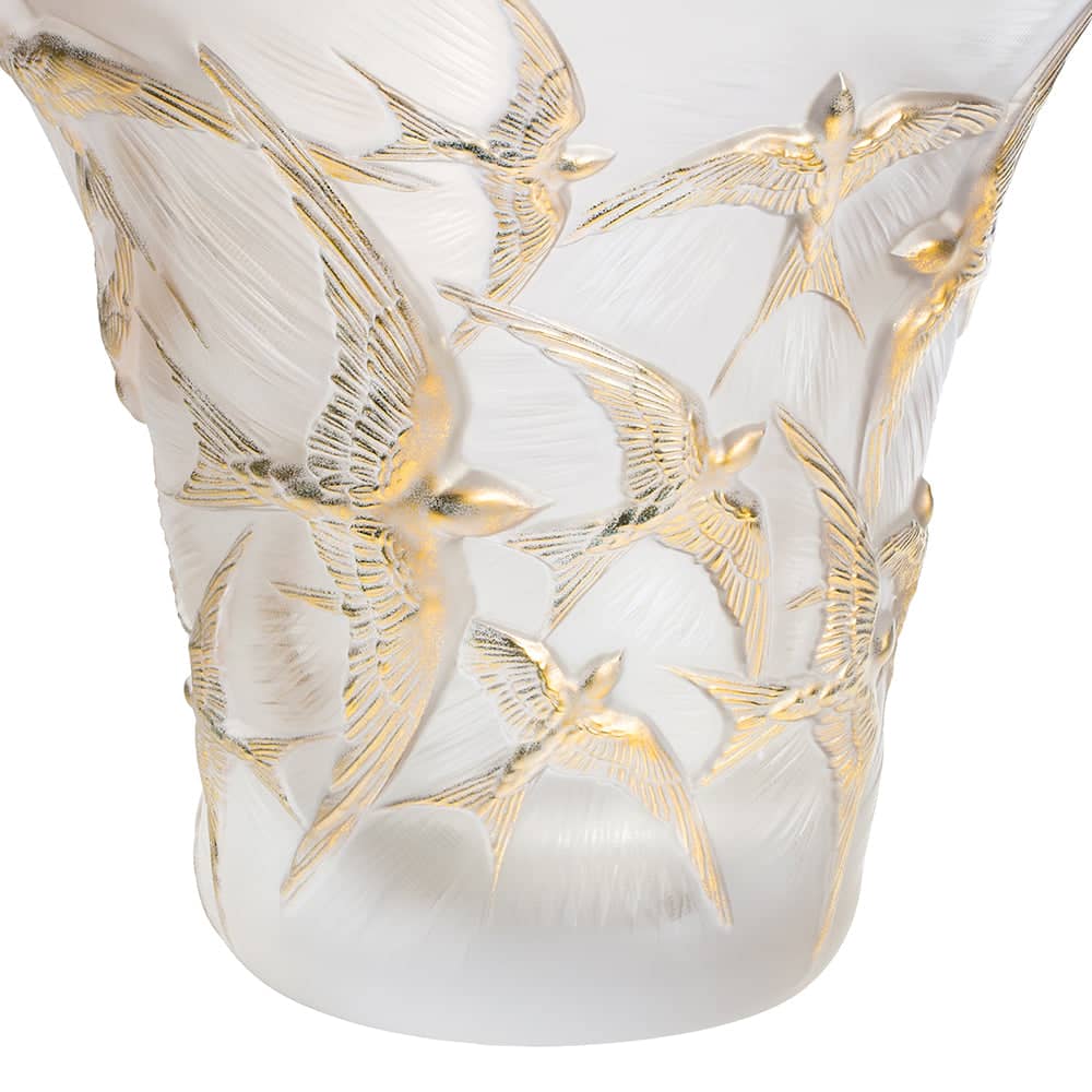 Lalique Hirondelles Flared Vase Clear Crystal Gold Stamped Vase by Lalique at FormFluent Sydney, Australia
