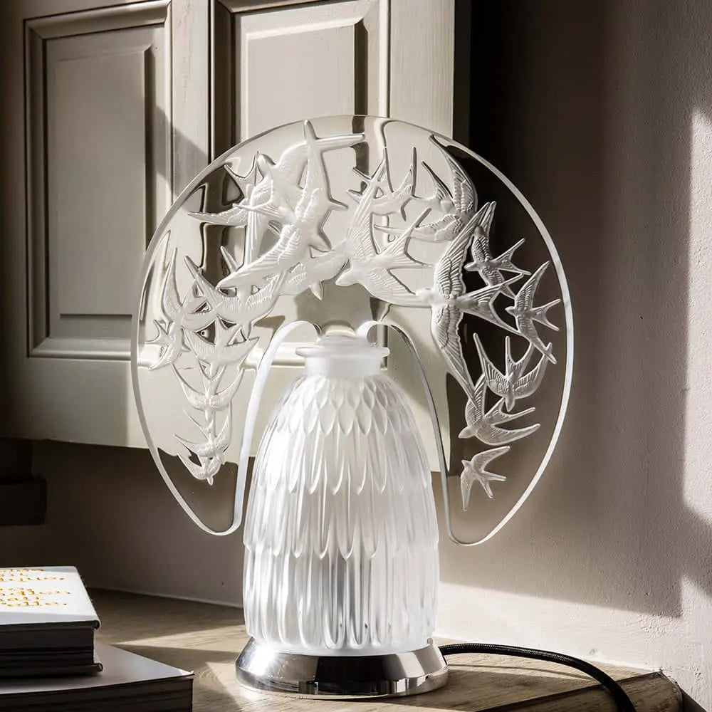 Lalique Hirondelles Swallows Cordless Lamp Pink Lustre Crystal Lighting by Lalique at FormFluent Sydney, Australia