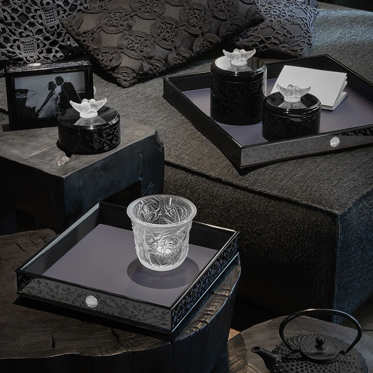 Lalique Fleurs de Cerisier Box Small Size - Clear Crystal Black & Midnight Blue Lacquered Wood by Lalique at FormFluent