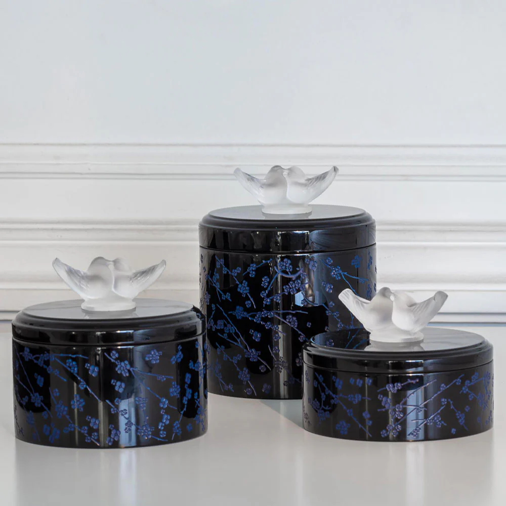 Lalique Fleurs de Cerisier Box Small Size - Clear Crystal Black & Midnight Blue Lacquered Wood by Lalique at FormFluent Sydney, Australia
