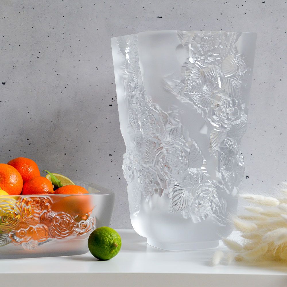 Lalique Pivoines Peonies Vase Large Size - Clear Crystal Vase by Lalique at FormFluent Sydney, Australia