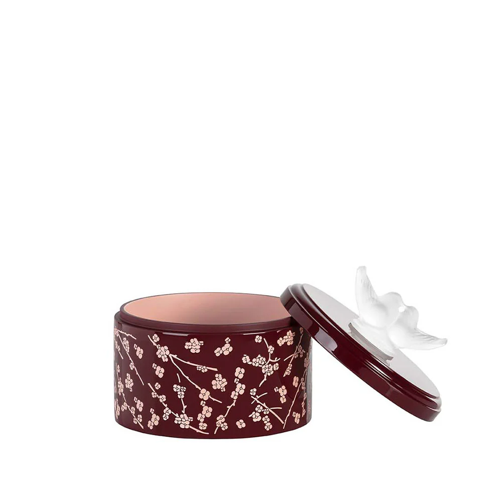 Lalique Fleurs de Cerisier Box Medium Size - Clear Crystal, Pink and Burgundy Lacquered Wood Organiser by Lalique at FormFluent Sydney, Australia