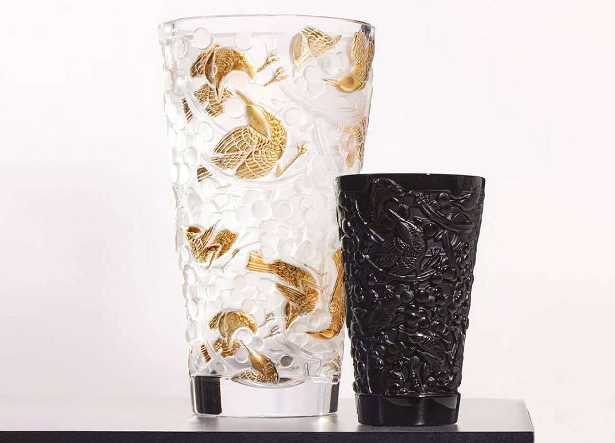 Lalique Merles et Raisins Large Vase Clear Crystal Gold Stamped Numbered Edition Vase by Lalique at FormFluent Sydney, Australia