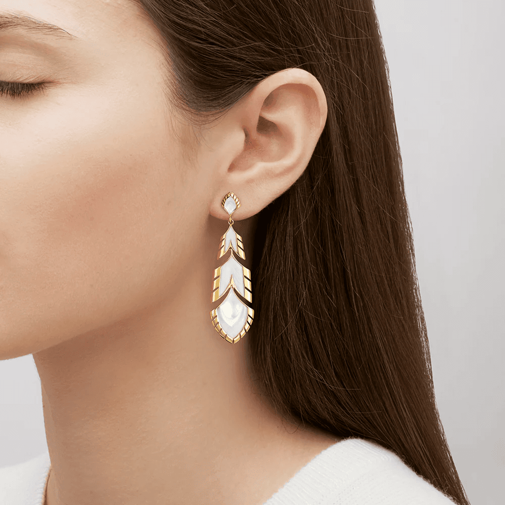Lalique Paon Earrings - White Pearly Clear Crystal & White Lacquer 18K Yellow Gold-Plated Jewelry by Lalique at FormFluent Sydney, Australia