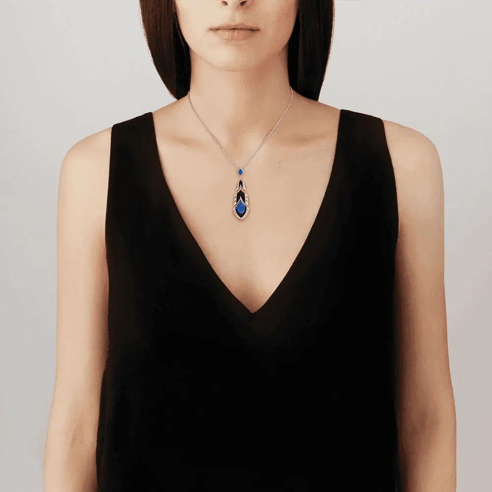 Lalique Paon Drop Pendant - Blue Crystal and Green Lacquer Jewelry by Lalique at FormFluent Sydney, Australia