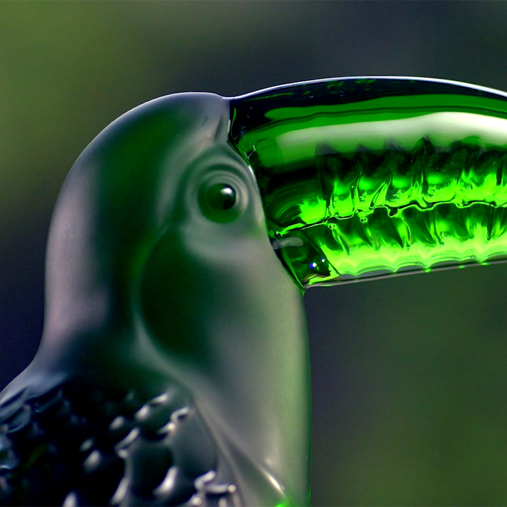 Lalique Toucan Sculpture Amazon Green Platinum Stamped Crystal Limited Edition Sculpture by Lalique at FormFluent Sydney, Australia