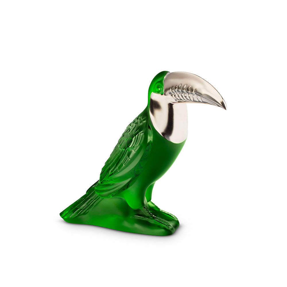 Toucan Sculpture Lalique green and platinum stamped crystal