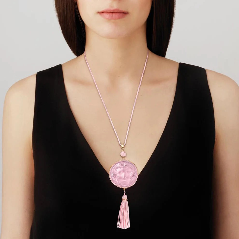 Lalique Aréthuse Round Pendant Clear Rose-Pearled Crystal 18K Yellow Gold-Plated Pink Quartz Jewelry by Lalique at FormFluent Sydney, Australia