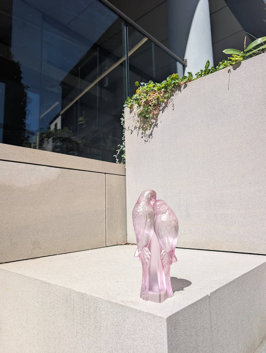 Lalique 2 Parakeets Sculpture Gold Lustre Crystal Sculpture by Lalique at FormFluent