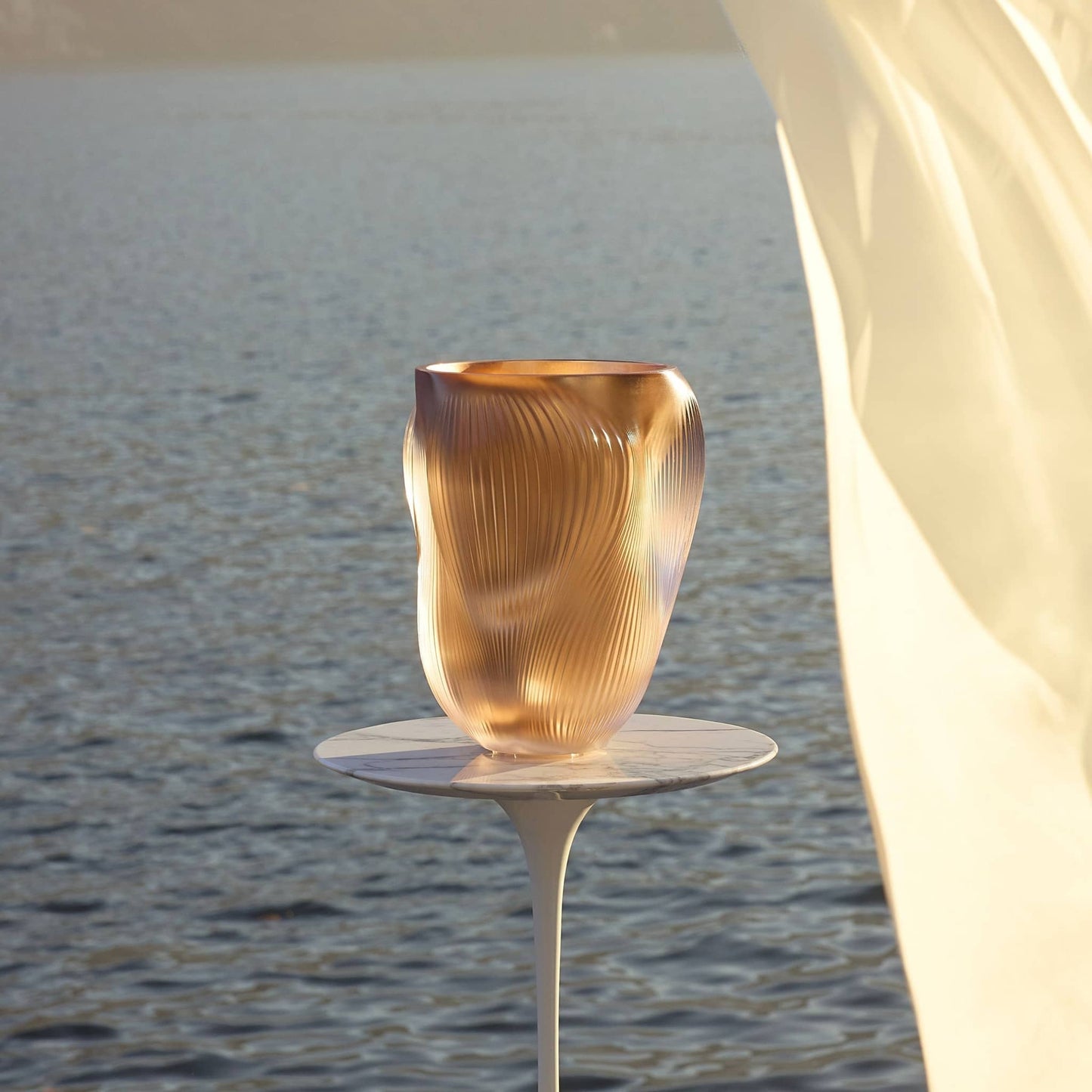 Lalique Alizé Large Vase with pink gold leaves - Limited and Numbered Edition Vase by Lalique at FormFluent