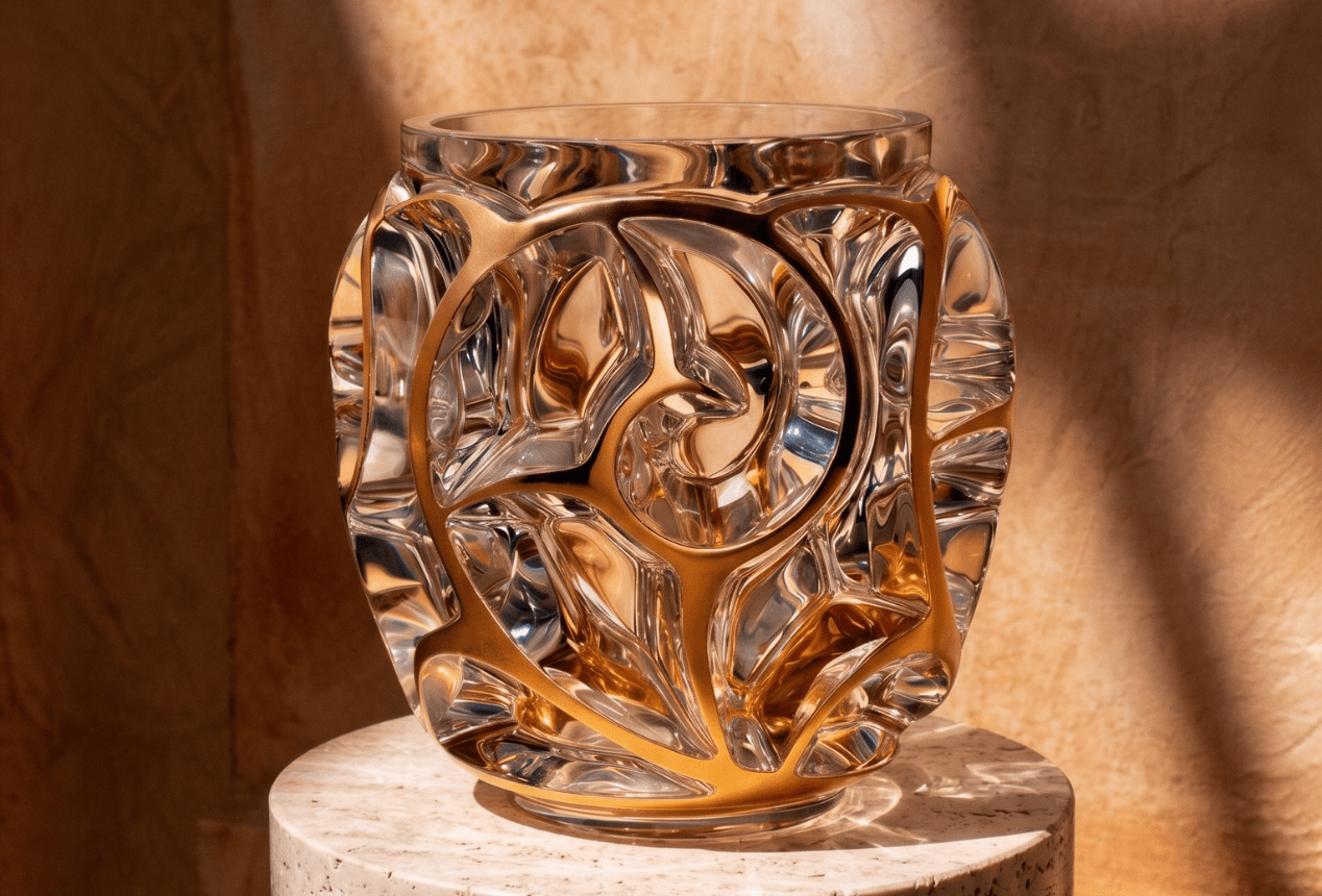 Lalique Tourbillons Grand XXL Vase Clear Crystal with Pink Gold Leaves Limited Edition