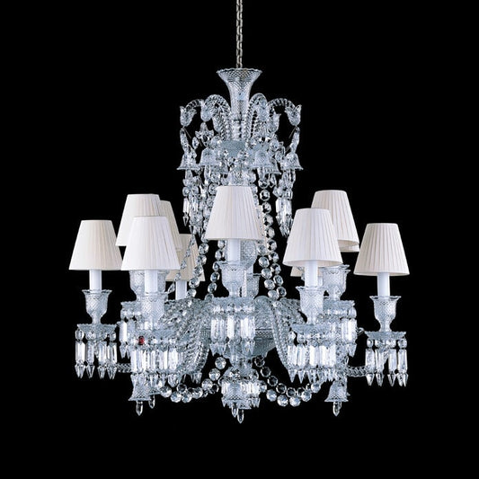 Baccarat Crystal Zenith chandelier with white lampshades on a black background
