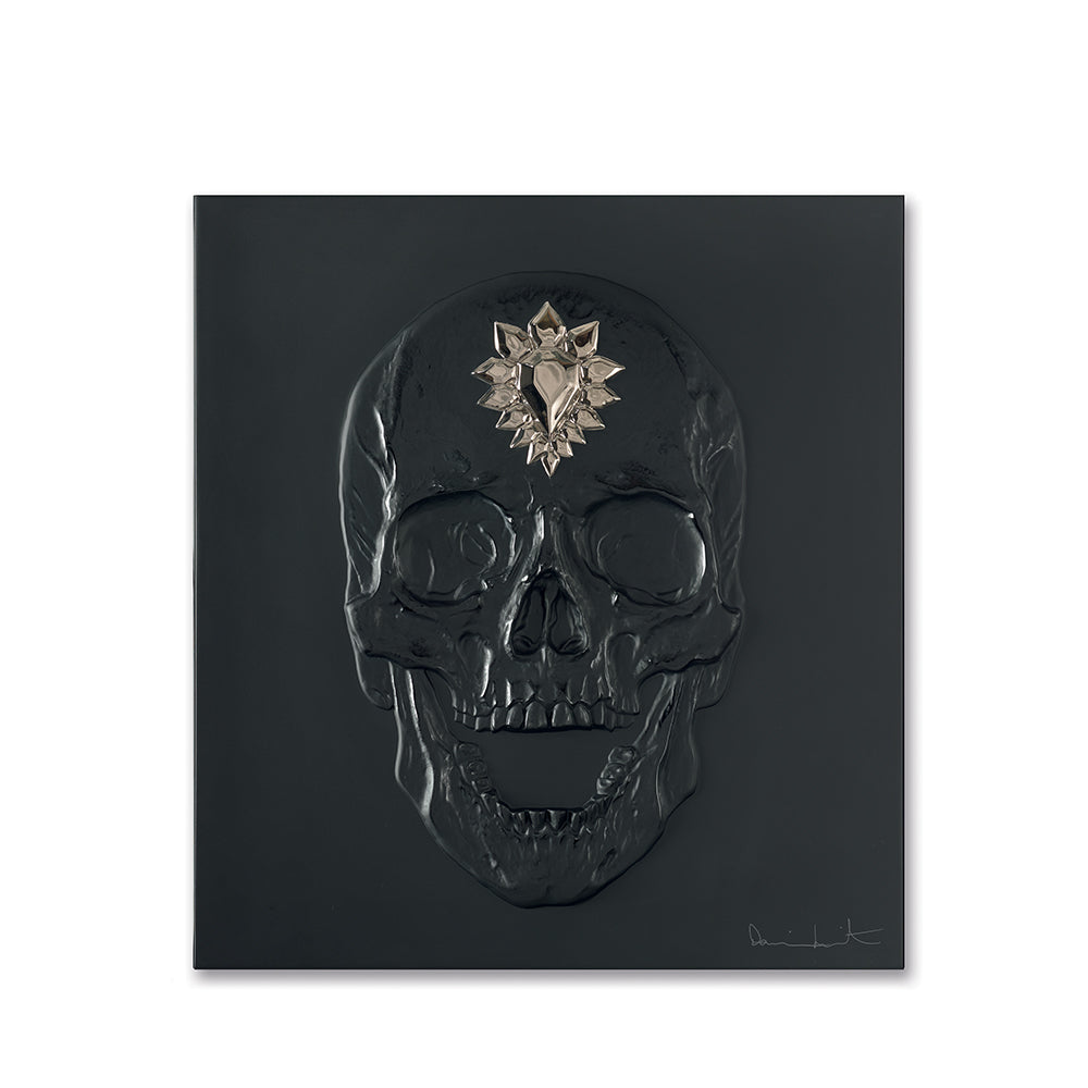 Lalique Eternal Memento Skull Damien Hirst Black Crystal Gold Stamped Limited Edition Sculpture by Lalique at FormFluent