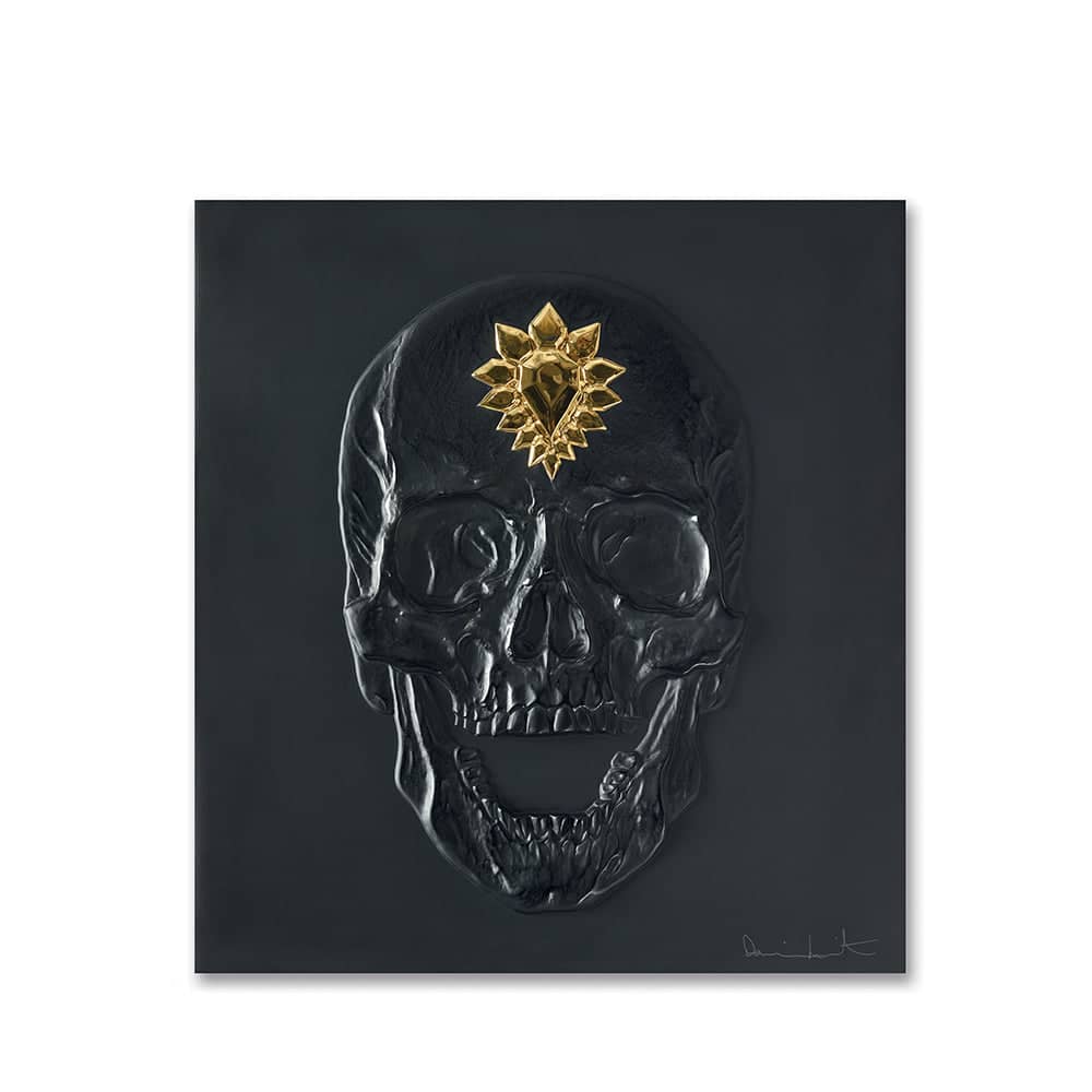 Lalique Eternal Memento Skull Damien Hirst Black Crystal Gold Stamped Limited Edition Sculpture by Lalique at FormFluent Sydney, Australia