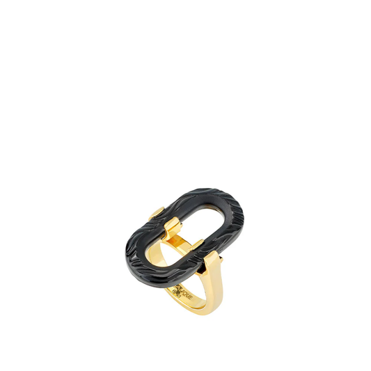 Lalique Empreinte Animale Ring - Black Crystal, Yellow Gold Plated   FormFluent
