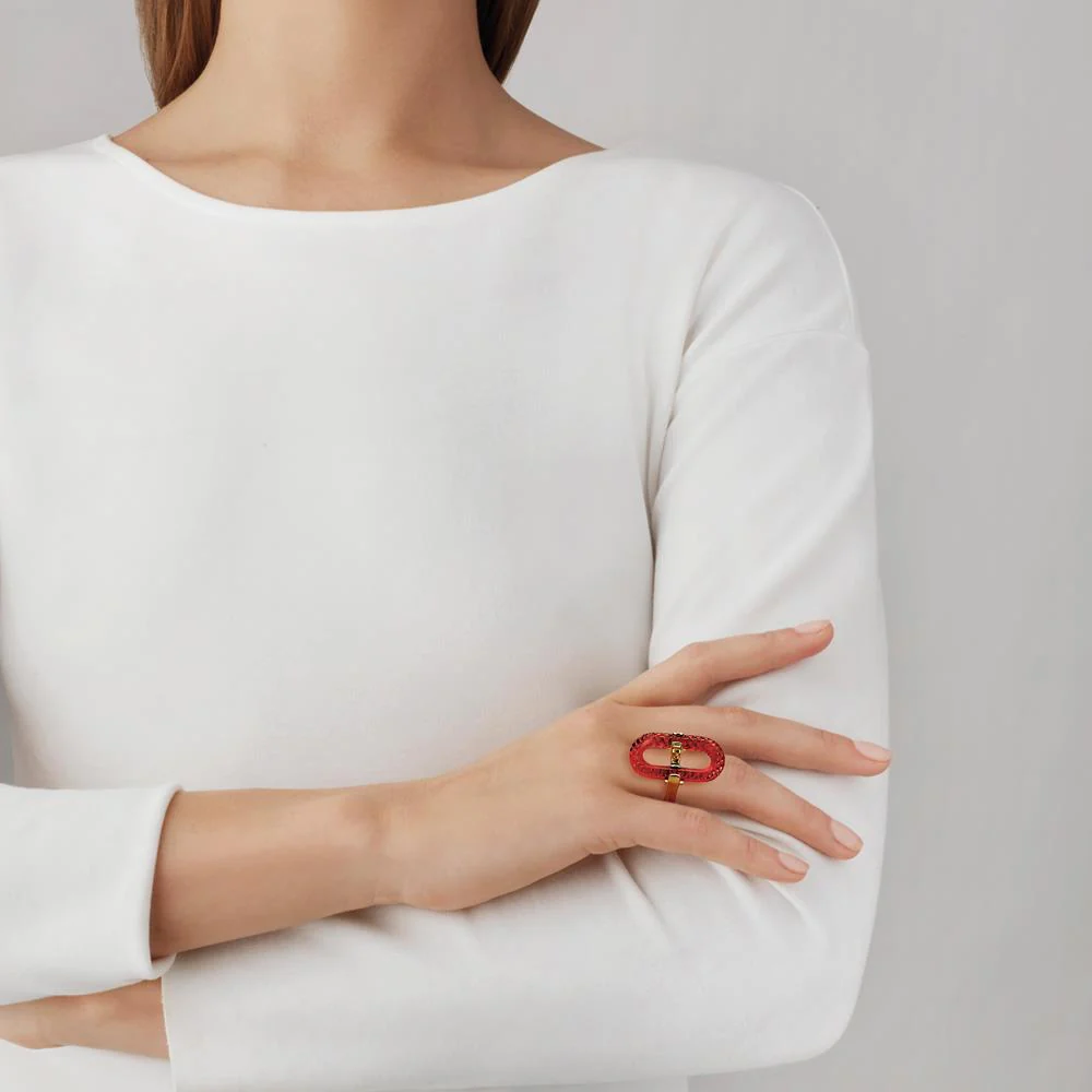 Lalique Empreinte Animale Ring - Red Crystal, 18K Yellow Plated Brass   FormFluent