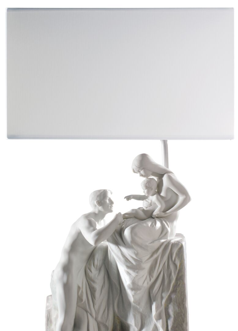 Lladró Family Table Lamp featuring a sculptural design with a family scene and a white lampshade