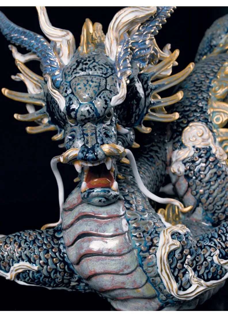 Great Dragon Sculpture. Golden Lustre and Blue. Limited Edition