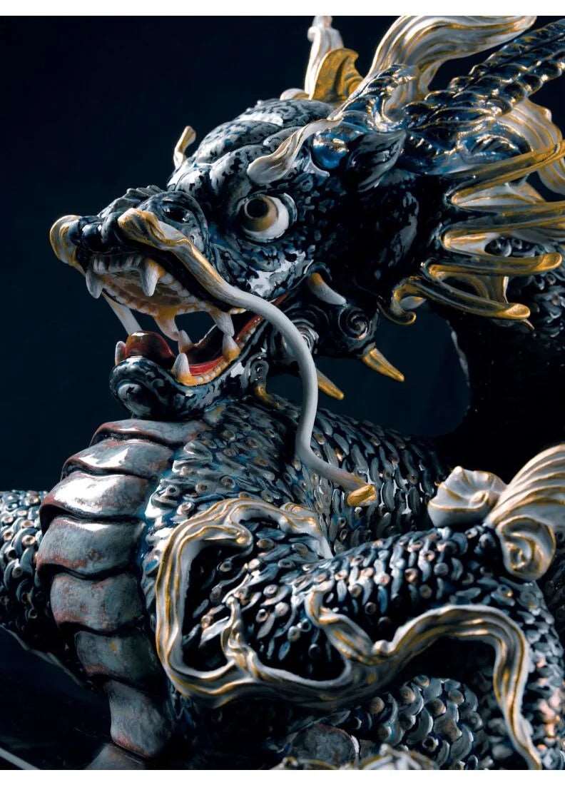 Great Dragon Sculpture. Golden Lustre and Blue. Limited Edition
