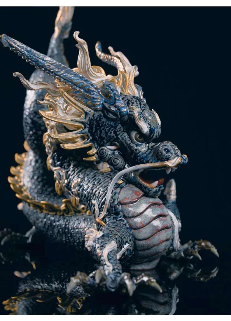 Great Dragon Sculpture. Golden Lustre and Blue. Limited Edition