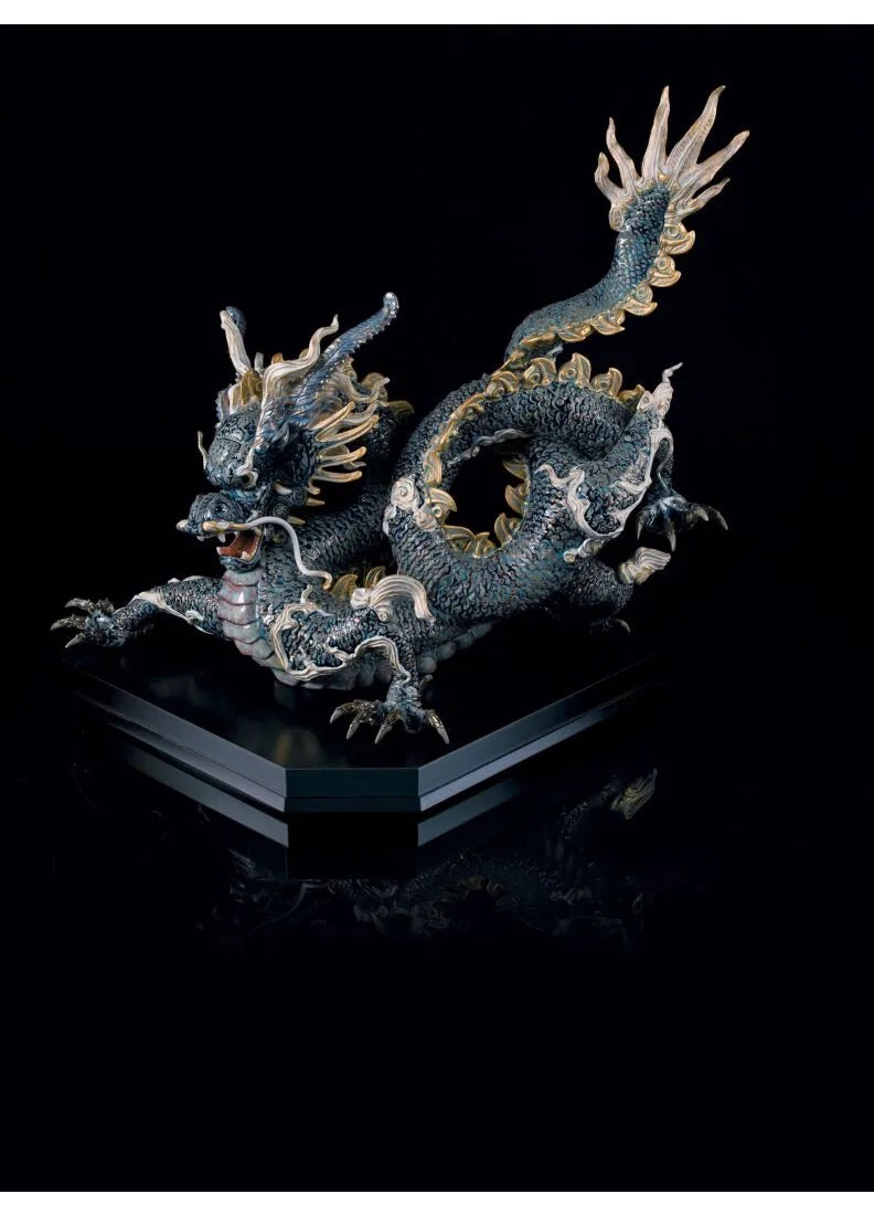 Lladró Great Dragon Sculpture. Golden Lustre and Blue. Limited Edition FormFluent
