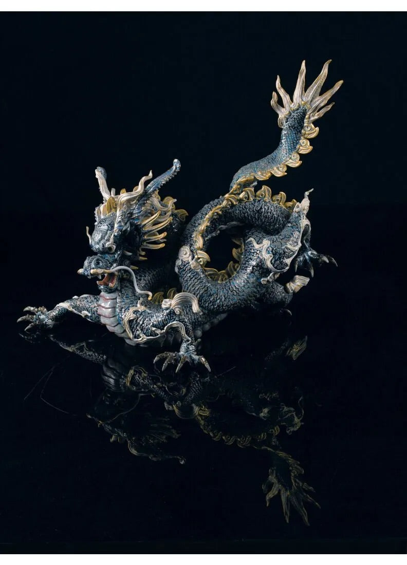 Lladró Great Dragon Sculpture. Golden Lustre and Blue. Limited Edition by Lladró at FormFluent