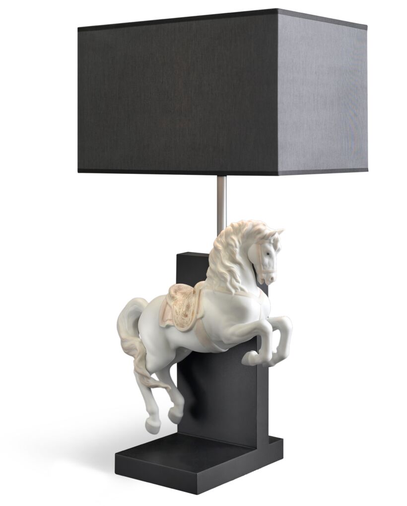Lladró Horse on Courbette table lamp featuring a white horse sculpture and a sleek black shade