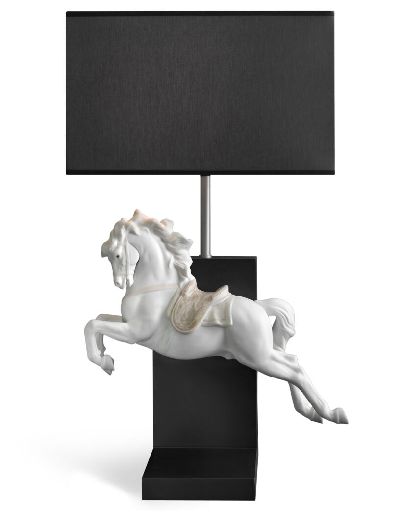 Lladró Horse on Pirouette Table Lamp featuring a white horse sculpture with a sleek black shade