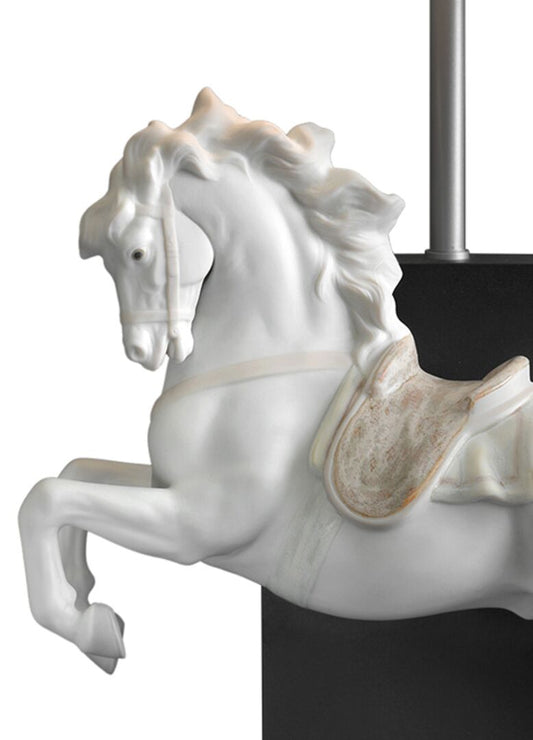 Lladró Horse on Pirouette Table Lamp featuring a detailed white porcelain horse design