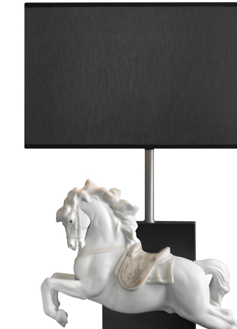 Lladró Horse on Pirouette Table Lamp with Elegant Black Shade and Intricate Porcelain Horse Detail
