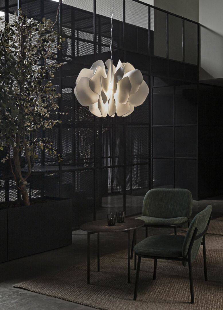 Lladró Nightbloom Hanging Lamp White in a stylish interior setting with soft lighting