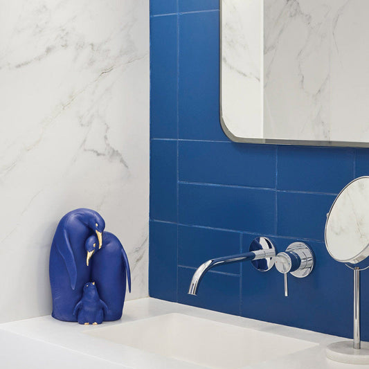 Bold Blue Homage to Artist Yves Klein - 01009539 Lladro Penguin Family Sculpture Limited Edition Blue Gold - Lifestyle