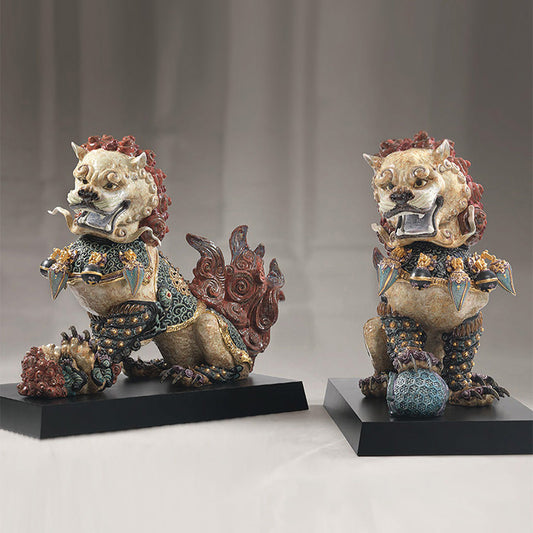 Chinese Guardian Lions The Lions That Stand Sentry In Front Of Palaces, Temples, And Homes Of The Elite - 01001993 + 01001992 Lladro Guardian Lion and Lioness Sculpture Red Limited Edition